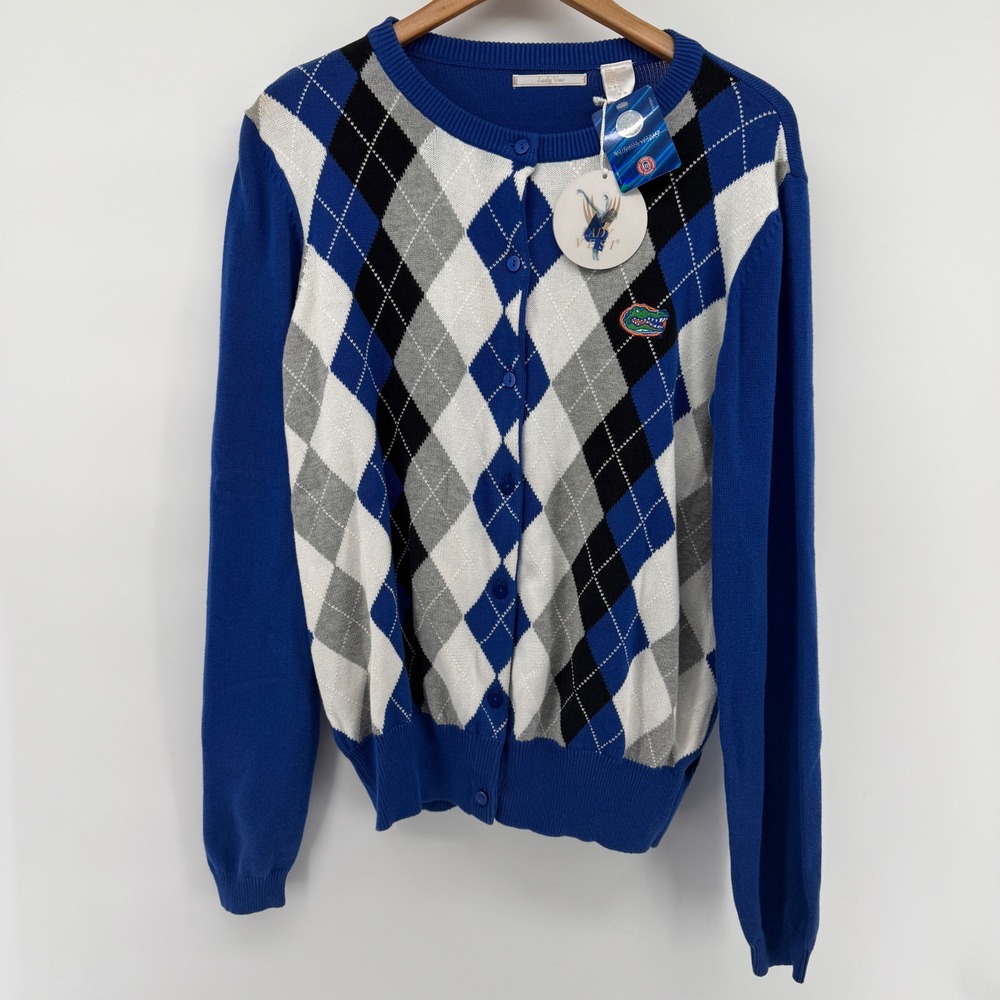 Lady Vesi Florida Gators Argyle Cardigan Sweater Blue White Cotton NWT L